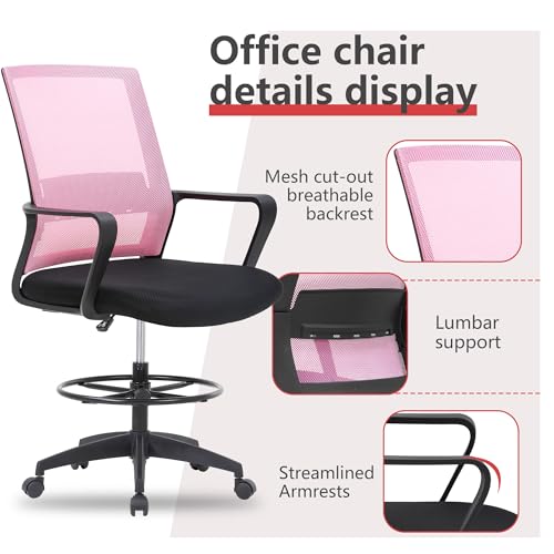 Image of BestOffice Drafting Chair Tall Office Chair Adjustable Swivel Rolling Mesh Height with Lumbar Support Arms Footrest Mid Back for Adults Standing Desk Drafting Stool (Light Pink)