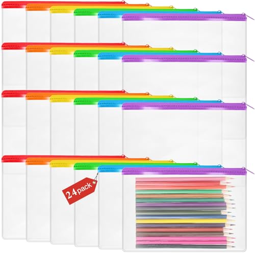 Image of Feifeiya 24 Pcs Clear PVC Pencil Pouch Bulk 8.66 x 5.71 Inch Soft Pencil Case Bag Transparent Zipper Pouch for Study School Supplies Travel Storage (Colorful)