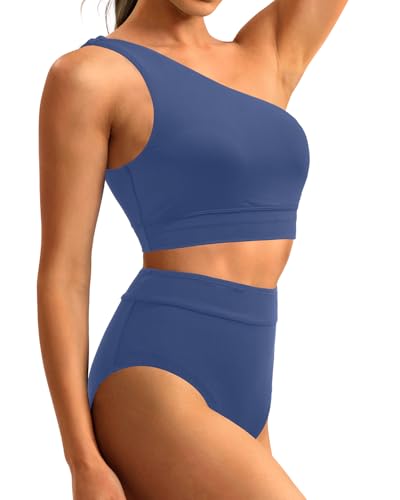 Image of Holipick Women One Shoulder High Waisted Bikini Set Two Piece Tummy Control Swimsuits Full Coverage Bathing Suit