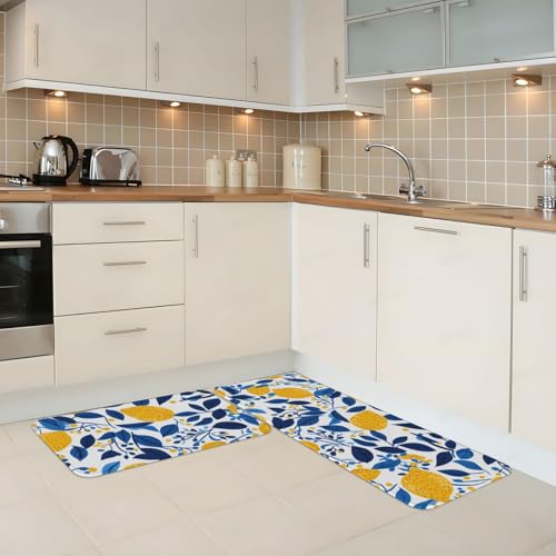 Alfombras de cocina para el suelo con estampado de limones y base acolchada lavable 3