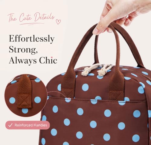Image of LOVELYWIND Brown Blue Polka Dot Lunch Box For Women, Insulated Lunch Bag | Brown Lunch Bag With Blue Polka Dots; Cute Insulated Lunch Box Tote For Work, Travel, Beach, And Daily Meals.