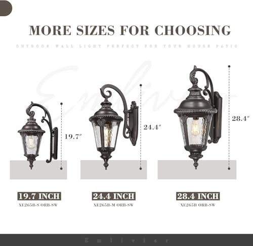Image of Emliviar Vintage Outdoor Wall Mount Light for Porch, 24.4 Inch Wall Sconce Lantern Lamp in Oil Rubbed Bronze Finish, Water Ripple Glass, XE265B-M ORB-SW