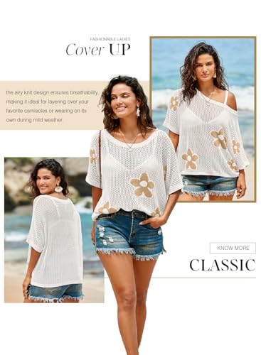 Dokotoo Womens Floral Fashion Summer Tops 2025 Short Sleeve Crochet Sweaters Swimsuit Cover Ups Lightweight Knit Pullover4