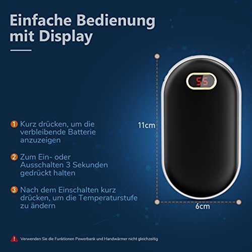 10000mAh Handwärmer, USB Wiederaufladbar Elektrische Tragbare Taschenwärmer Power Bank mit 3-Ports, Lang Anhaltende Hitze, Geschenk für Frauen Kinder Mann Outdoor-Sportarten