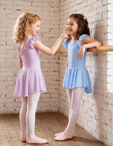 Image of Arshiner Girls Shiny Ruffle Sleeve Ballet Leotard with Skirt Criss-Cross Back Dance Dresses