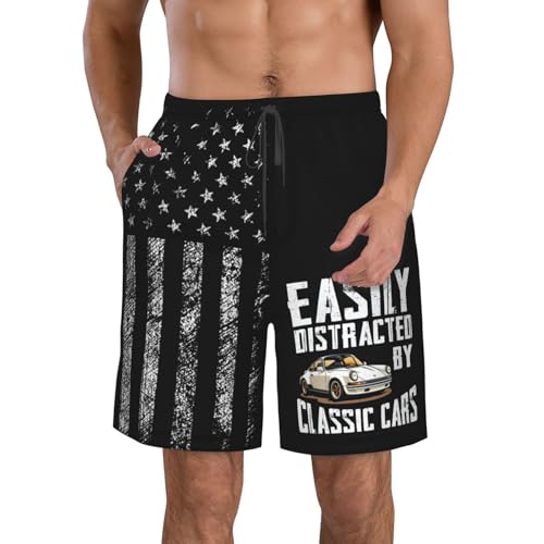 Easily Distracted by Old Classic Cars Funny Car Lovers Gift Mens Swim Trunks Bathing Suit Beach Shorts Bathing Suits