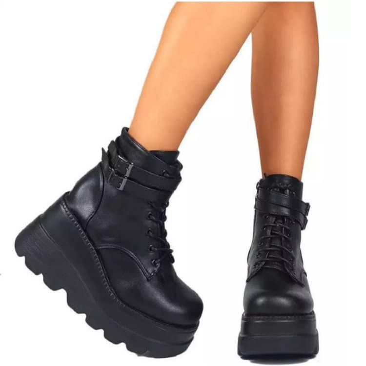 Women's High Heel Combat Boots Square Toe Lace up Zip High Heel Wedge Boots Chunky Platform Ankle Boots for Women3