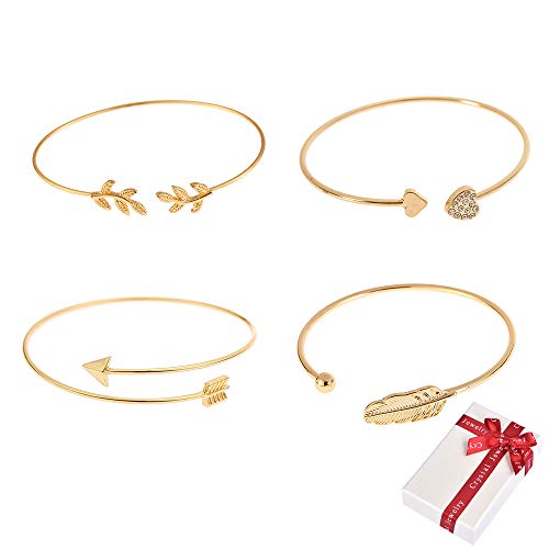Preisvergleich Produktbild Juland 4PCS Vergoldet Armreif Manschette Armband Stapelbare offene Manschette Verschiedene geschichtete Brautjungfernarmbänder mit Pfeil, Olivenblatt, Feder und Kristallherz