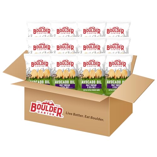 Image of Boulder Canyon Kettle Cooked Potato Chips Wavy Cut 5.25 oz. Bag Count -Crunchy Chips Cooked in 100 Great for Lunches or Snacking on the Go, Malt Vinegar & Sea Salt, Avocado Oil, 63 Ounce, (Pack of 12)