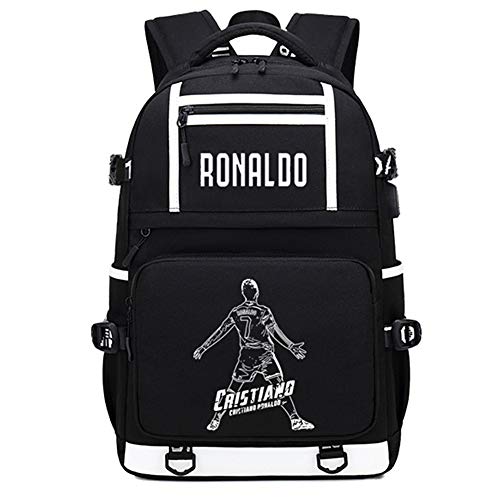 Mochila do jogador de Futebol Estrela Ronaldo Multifuncional Luminosa Mochila CR7 para estudantes de viagem Mochila para fãs do Clube de Futebol (Preto Estilo 8)