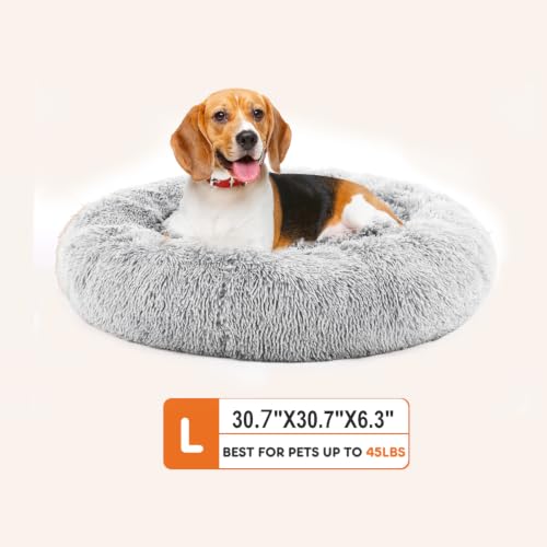 Image of NEWBULIG Round Donut Dog Bed, Large Sized Beds for Indoor Cats and Dogs, Machine Washable Pet Sofa with Anti-Slip, Super Soft Durable Fabric, 30.7x30.7 Inch, Grey