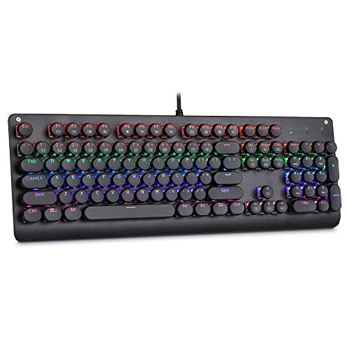 e元素メカニカル式ゲーミングキーボード 青軸アンチゴーストキー LEDバックライト付き パンクレトロラウンドなキーキャップを採用 US配列104キー 防水LOLゲーム専用キーボード