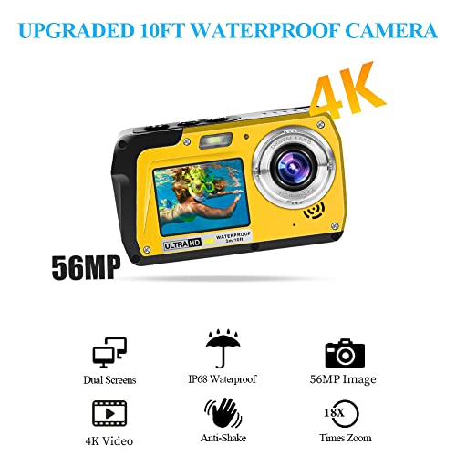 Waterproof Camera Underwater Cameras 4K30Fps 56Mp Full Hd Video Recorder Selfie Ips Dual Screens(3"/2") 10Ft Digital Camera For Snorkeling On Vacation Time Lapse For Beginners（Yellow） #TOP1