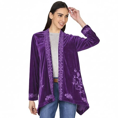 Image of Women's Embroidered Velvet Open Front Cardigan Jacket - Purple 2X