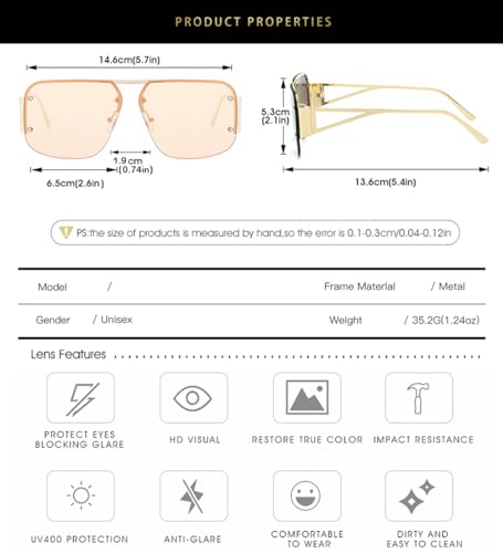 Retro Trendy Aviator Sunglasses Mens Womens Large Square Metal Rimless Frame Shades BS90004