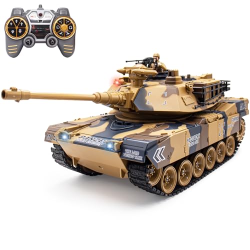 QuirkyGlee 1:18 Scale Remote Control Army Tank - US M1A2 Battle RC Tank Model Toys for Adults - 15 Channel Full Function Military Toy with 360 Degree Rotating Turret Smoke Light Sound