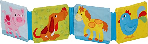 goki 65252 - Bilderbuch mit Rassel, Quietscher und Knisterfolie - Stoffbuch mit 8 niedlichen Motiven - mit vielen Fühl- und Spielefekten - für Babys und Kleinkinder