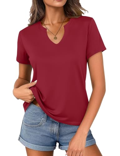 Women's V Neck Cotton T-Shirts Breathable Short Sleeve Tops Lightweight Stretch Summer Tees (Wine Red,Small)