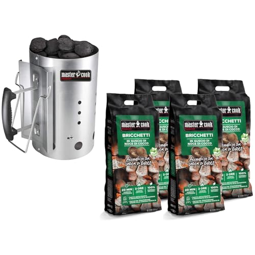 Ciminiera Accenditore Barbecue con Impugnatura di Sicurezza in Alluminio + Bricchette 8 kg, Accendi Carbonella Barbecue Diametro 19 Cm E Altezza 30 Cm, Capienza Oltre 1,5 kg