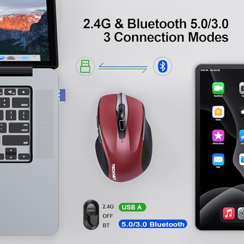 Image of TECKNET Wireless Mouse, BT 5.0 /2.4G, Rechargeable 6-DPI Silent, Red | Bluetooth 5.0 /3.0 & USB A, 2-Device Easy Switch, Wide OS Compatible, 6 Buttons, 6-DPI up to 4800, Ergonomic for S to M Hands