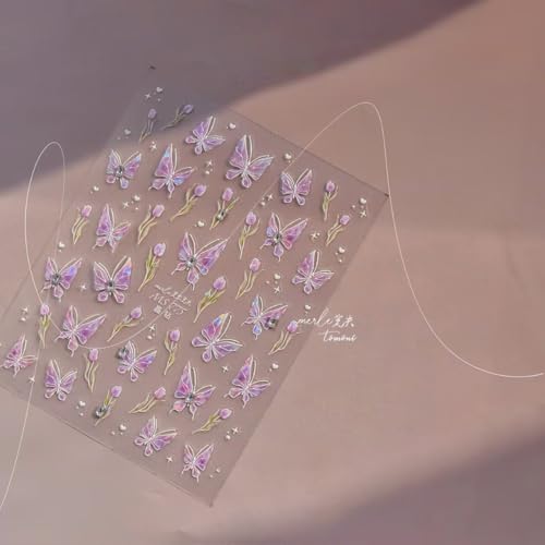 Image of Butterfly Nail Sticker 5D Embossed Nail Art Decals with Rhinestone Design for Women Girls Kid Supplies Purple Butterfly Stickers for Nails Manicure Decorations