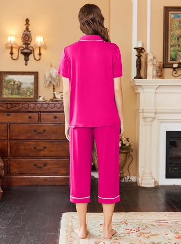 Image of Ekouaer Capri Pajamas for Women Short Sleeve Button Down Sleepwear Comfy Lounge Set 2-Piece Pants Pjs
