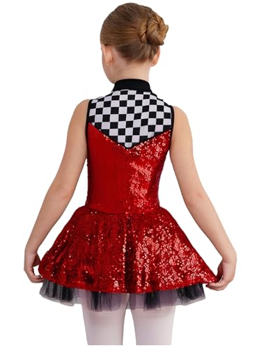 Girls Sparkle Racing Cheer Leader Uniform Sleeveless Checkered Leotard Tutu Skirt Red 14 Years2