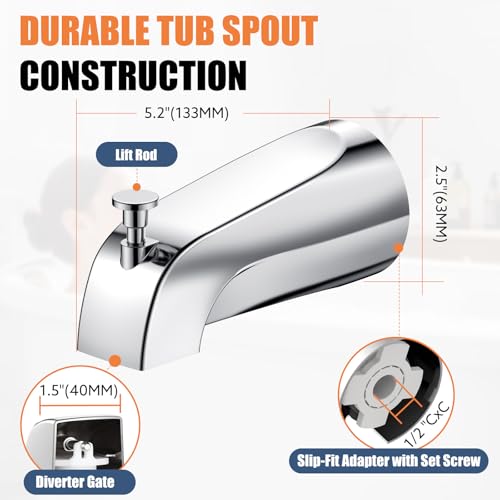 Claywie Universal Bathtub Tub Spout with Diverter, Fits 1/2\" Slip-Fit Copper Pipe Connection, Pull Down Bathtub Faucet Spout Replacement, Easy Installation (Chrome)