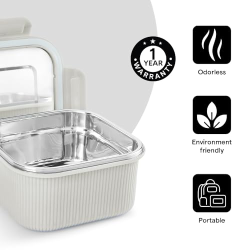 Image of Larah by BOROSIL Freshbyte Food Storage Container with Airtight Stainless Steel Lid | Fridge Container for Lunchbox | Food Grade | Microwave Safe (Grey, 800 ml, Square)