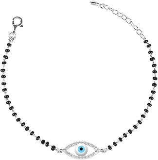 Clara Womens 925 Sterling Silver Evil Eye Halo Hand Mangalsutra Bracelet | Black Beads, Rhodium Plated | Gift For Wife