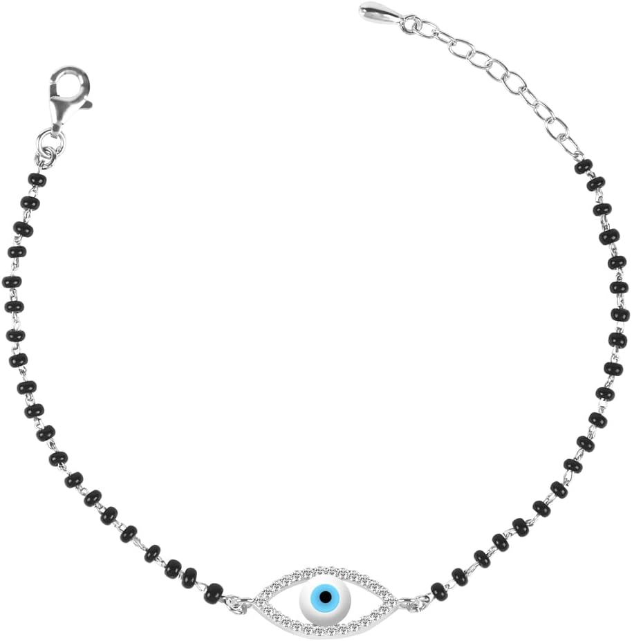 Womens 925 Sterling Silver Evil Eye Halo Hand Mangalsutra Bracelet | Black Beads, Rhodium Plated | Gift For Wife