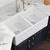 Kichae 33 Inch Farmhouse Sink Reversible Front Fireclay Ceramic Porcelain White Double Bowl 50/50...