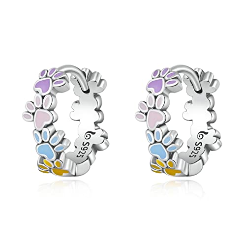 Pendientes de Aros Pequeños con Huella de Perro Gato - Qings Aretes Esmalte Colores Pata Perrito Animales Lindos Huellas con Forma de Corazón Regalo de Cumpleaños para Mujeres y Niñas