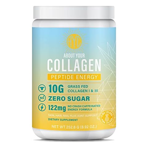 ABOUT YOUR COLLAGEN Peptide Energy Collagen Powder Hair, Nail, Skin, Type I & III,Caffeine for Energy, Vitamin C, Biotin, Hyaluronic Acid, Zero Sugar – 8.92 oz (Pina Colada) Cover