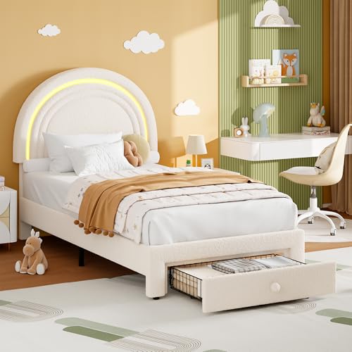 GarveeHome Twin Upholstered LED Bed Frame - with Storage Drawer and Rainbow Headboard, Berber Fleece Princess Platform Bed for Kids, Solid Wood Slat S
