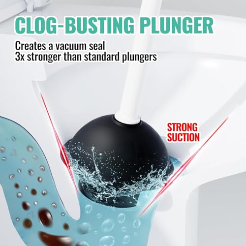 Image of FORASTO 4 in 1 Toilet Brush and Plunger Set, Long Handle Combo, 2 Pack | White bathroom cleaning tools with holder. Includes bonus crevice cleaning brush for deep toilet bowl scrub.
