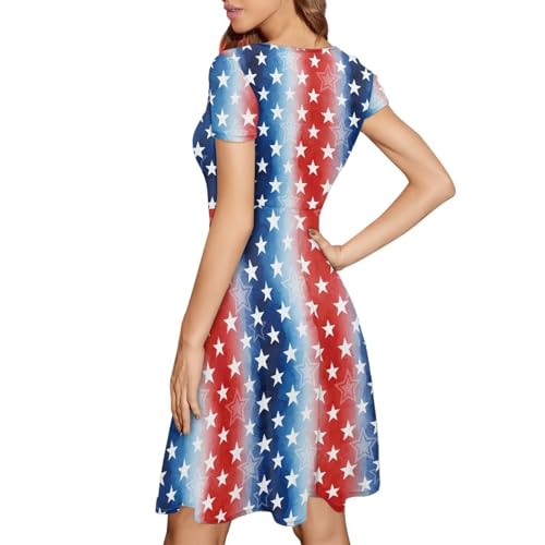 Image of POLERO 4th of July Dresses for Women 250th Anniversary American Eagle Dress Short Sleeve Red White and Blue Outfits Vintage Midi Length Work Parties Wear L