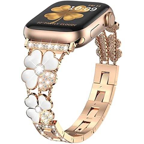Wearlizer Bling Strap Compatible with Apple Watch Strap 38mm 40mm 41mm for Women, iWatch Series 8 7 6 SE 5 4 3 2 1 Bling Diamond Dressy Bracelet Jewelry Metal Wristband, Rose Gold/White Cover