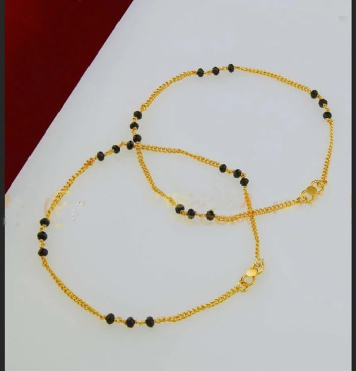 Image of 11 Inches Simple Gold Plated Black Beads Anklets for Women and Girls Pack of 2