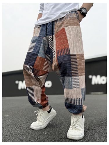 Men's Color Block Patchwork Baggy Harem Pants Drawstring Elastic Waist Hippie Pants with Pockets Streetwear3