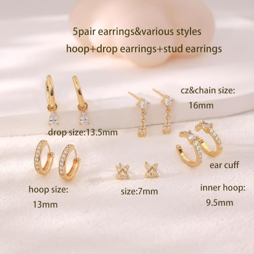 Image of Gold Earrings for Women, 14k Gold Plated Dangle Huggie Earrings for Women Trendy Dainty Gold Hoop Earring Stacks Hypoallergenic Pearl Chain Drop Cartilage Earring Fashion Womens Jewelry