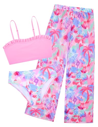 Image of Vogseek 6-16T Girls 3 Pieces Bikini Bathing Suit with Rash Guard Pants Quick Dry Swimwear Cover-Up Sets