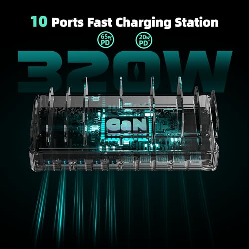 Image of Charging Station for Multiple Devices, Zobirez 10-Port USB C Fast Charger Stations for MacBook, iPhone, Android Cell Phone, iPad, Tablet, Family Multi-Device Organizer Charging Dock, Green