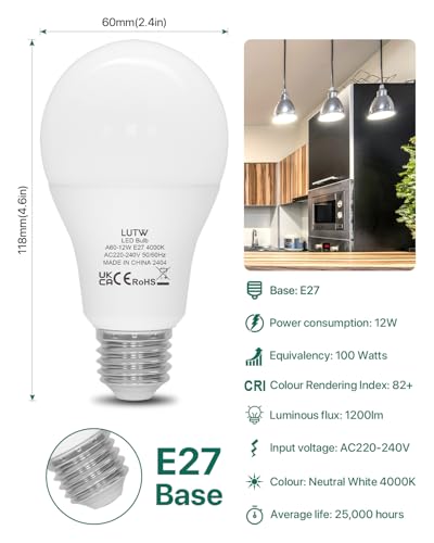 LUTW E27 Screw Bulb, Neutral White 4000K, 12W E27 LED Bulb Equivalent to 100 Watts Incandescent Bulb - Image 2