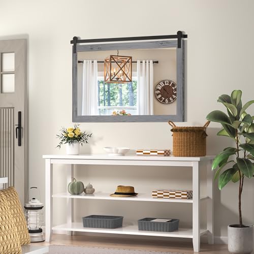 Image of COGOOD Farmhouse Bathroom Mirror - 45 x 30 Rustic Wood Framed Wall Barn Door Mirror for Entryway, Living Room, Entryway Wall Decor (Grey)