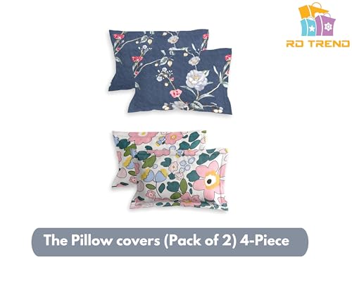 Image of RD TREND Glace Cotton Assorted Pillow Cover Set of 2 (4 Pcs) - Premium 210 TC, Standard Size 18 inchx28 inch | Soft & Breathable Floral Printed Design for Bedroom |Grey&Pink