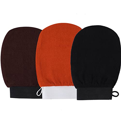 Lot de 3 Gant Exfoliant Gant Kessa, Gant de Crin pour le Bain Gant Nettoie et Purifie en Profondeur pour Exfolier Gommage Corporel et Visage Enlèver les Cellules Mortes de la Peau (Noir Marron Orange)