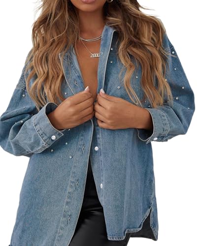 Women's Oversized Denim Shirt Button Down Pearls Jean Jacket Long Sleeve Rhinestone Shacket Casual Trendy Blouse Tops