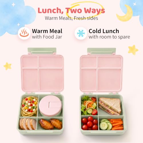 Image of Bento Lunch Box with 8oz Soup Thermo, Kids Leakproof Lunch Food Containers with 4 Compartment, Kids Thermo Insulated Hot Food Jar for School, Trvael (Green-Pink)