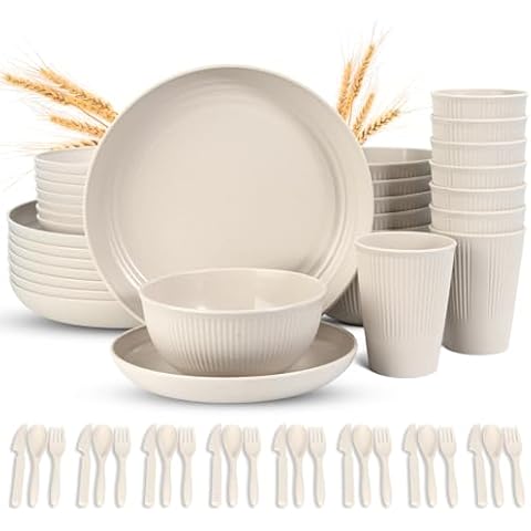 LAERJIN 56 Piece Wheat Straw Dinnerware Sets,Unbreakable Reusable Dinnerware Set,Dishwasher & Microwave Safe Plates and Bowls Sets, for Apartment Essentials, Outdoor Camping (Beige White) Cover